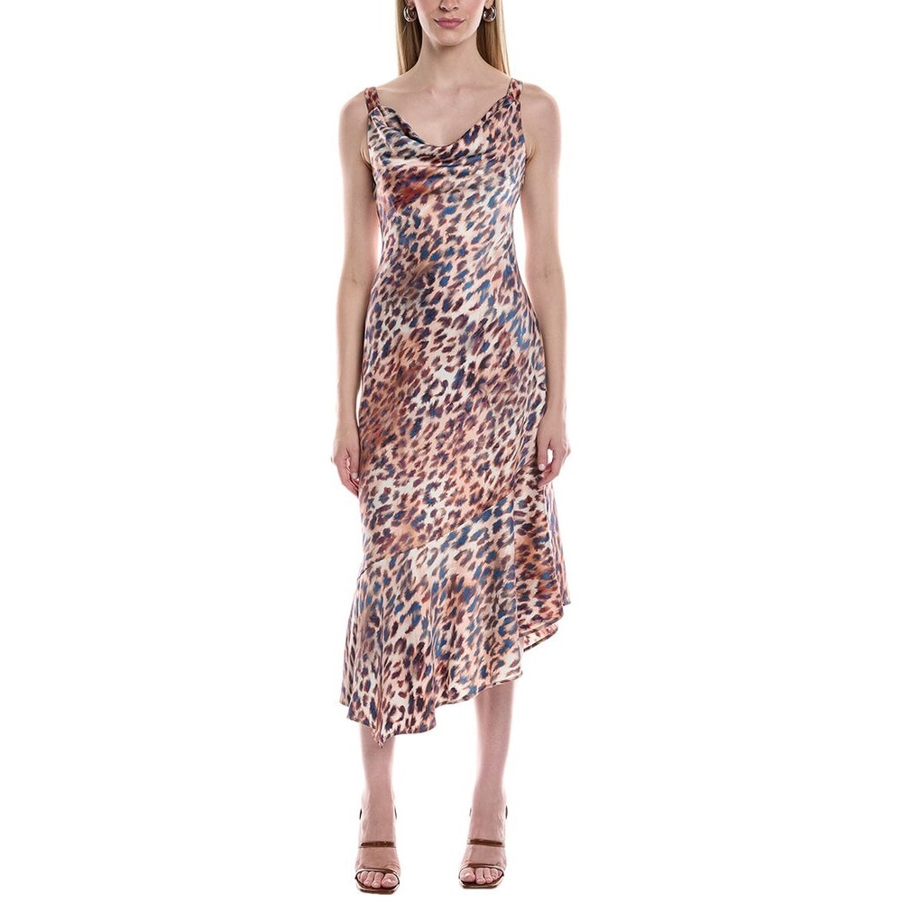 Kenneth Cole Cowl Neck Leopard Print satin Slip Midi Dress in Brown Blue Size 10